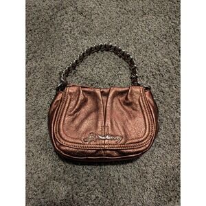 B Makowsky Metallic Bronze Leather Chain Handle Shoulder Bag Leopard Lining‎